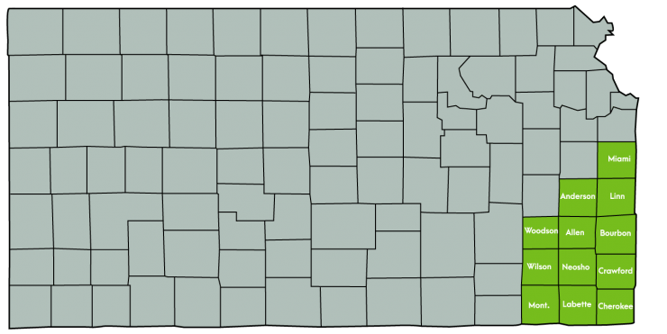 Kansas Map Featuring the following counties: Allen, Anderson, Bourbon, Cherokee, Crawford, Labette, Linn, Miami, Montgomery, Neosho, Wilson, Woodson