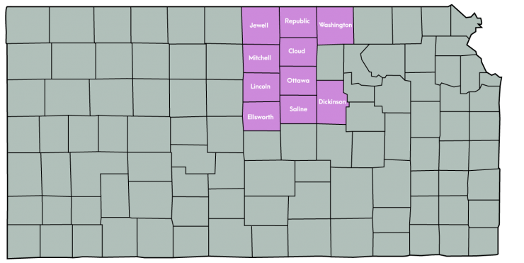 Kansas Map Featuring the following counties: Cloud, Dickinson, Ellsworth, Jewell, Lincoln, Mitchell, Ottawa, Republic, Saline & Washington